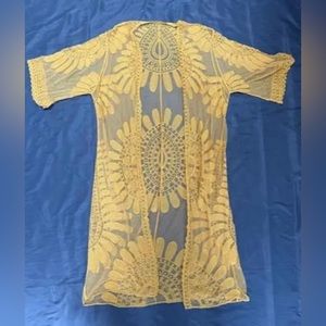 Woman's Yellow Floral Sheer Long Cardigan Duster